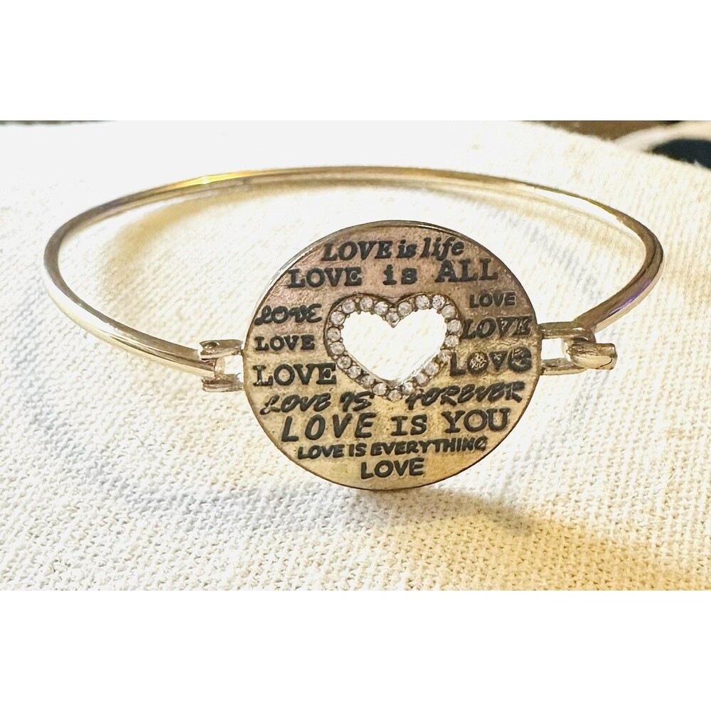 Gold Tone Love Heart Rhinestone Cutout Bangle Bracelet Hook Clasp Inspirational
